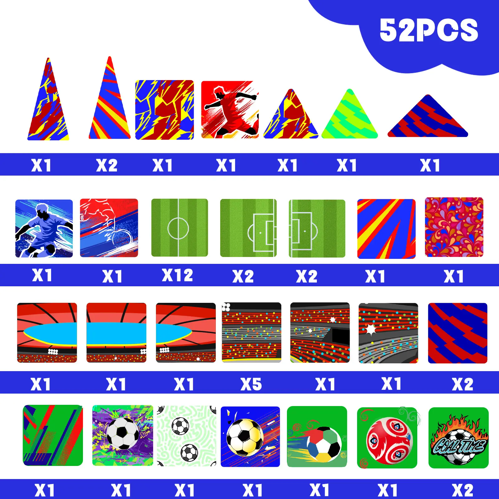 Magnetic Tiles Set 52/60 Mini Pcs | Soccer Theme, Strong Grip, Impact/Crack Resistant, Light-Through | Field: Logic, Spatial, Hand-Eye, Teamwork | Eco ABS Rounded, Choking-Safe | Birthday Gift Ages 3-6 Boys Girls