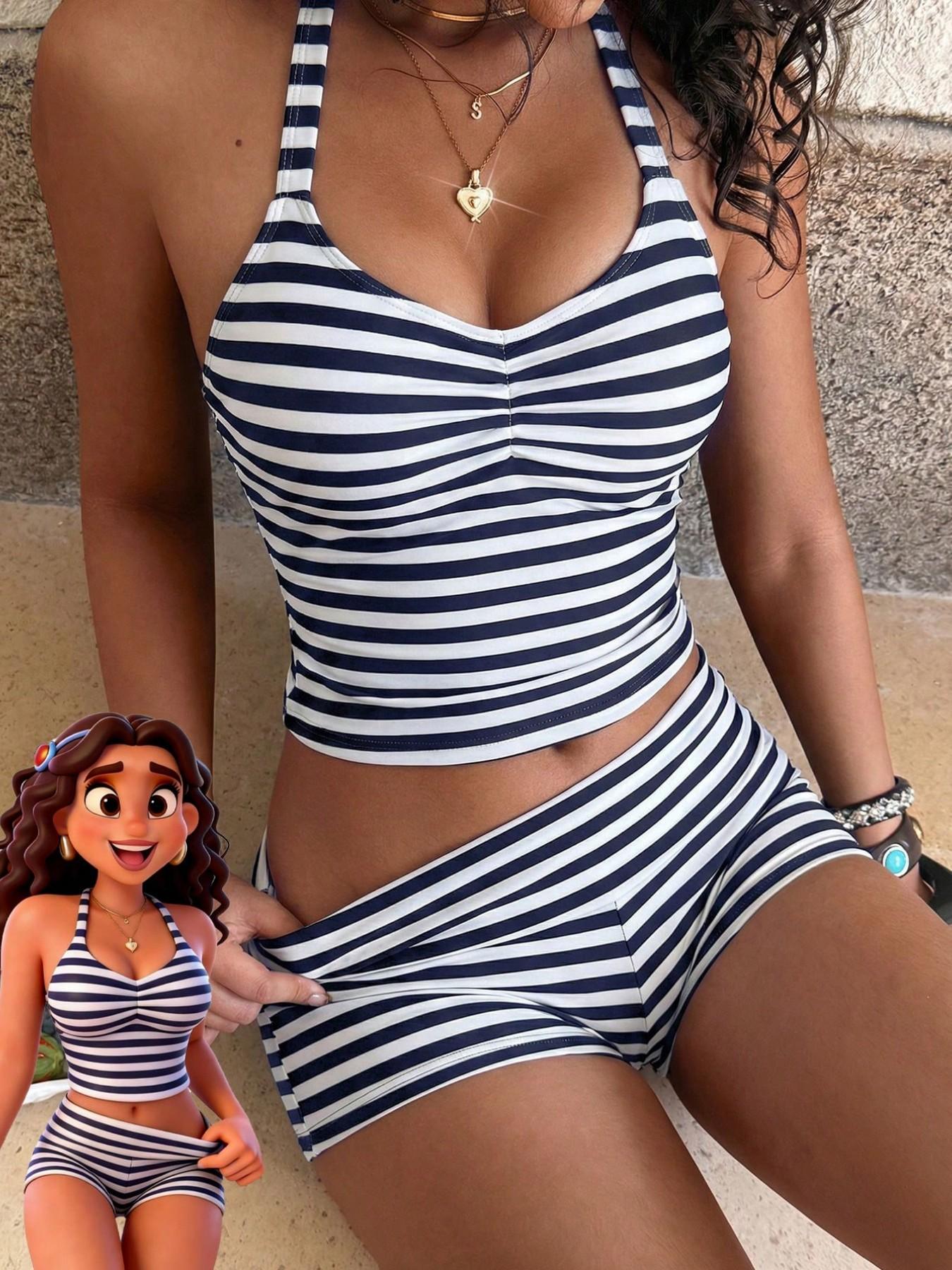Women's Swimsuit tankini,elegant and Sexy stripe Print crop top halter  swimsuit boyshort short pants for Vacation ,Beach Outfits,pool and sporty outfit, For Autumn And Winter  SS26 spring and summer Sporty Appeal Striking Stripes Striped swimsuits