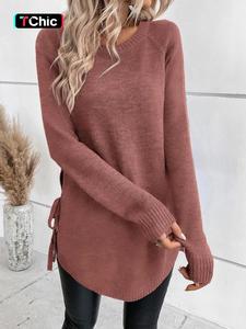 women's crew neck solid color slit tie casual sweater, comfortable mid-length knit top for fall & winter, fitted style for everyday wear