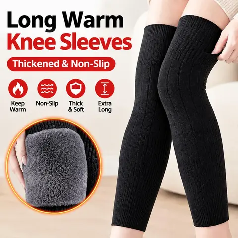 Long knee pads for men and women, One Size【99.2 lbs - 154.3 lbs】with thick wool lining for leg protection, high elasticity and anti-slip winter knee covers, suitable for indoor and outdoor use