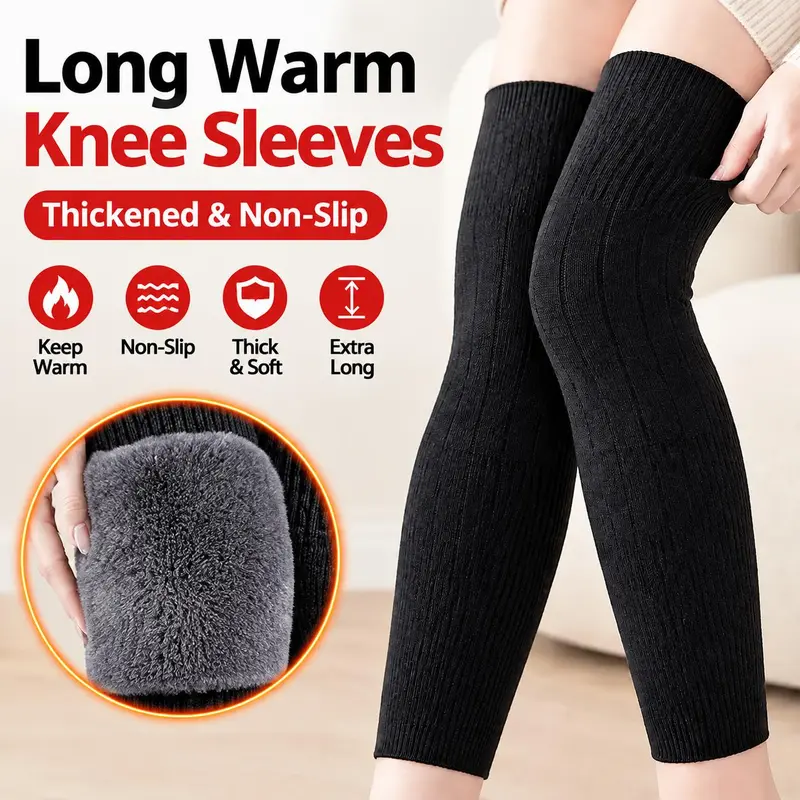 Long knee pads for men and women, One Size【99.2 lbs - 154.3 lbs】with thick wool lining for leg protection, high elasticity and anti-slip winter knee covers, suitable for indoor and outdoor use