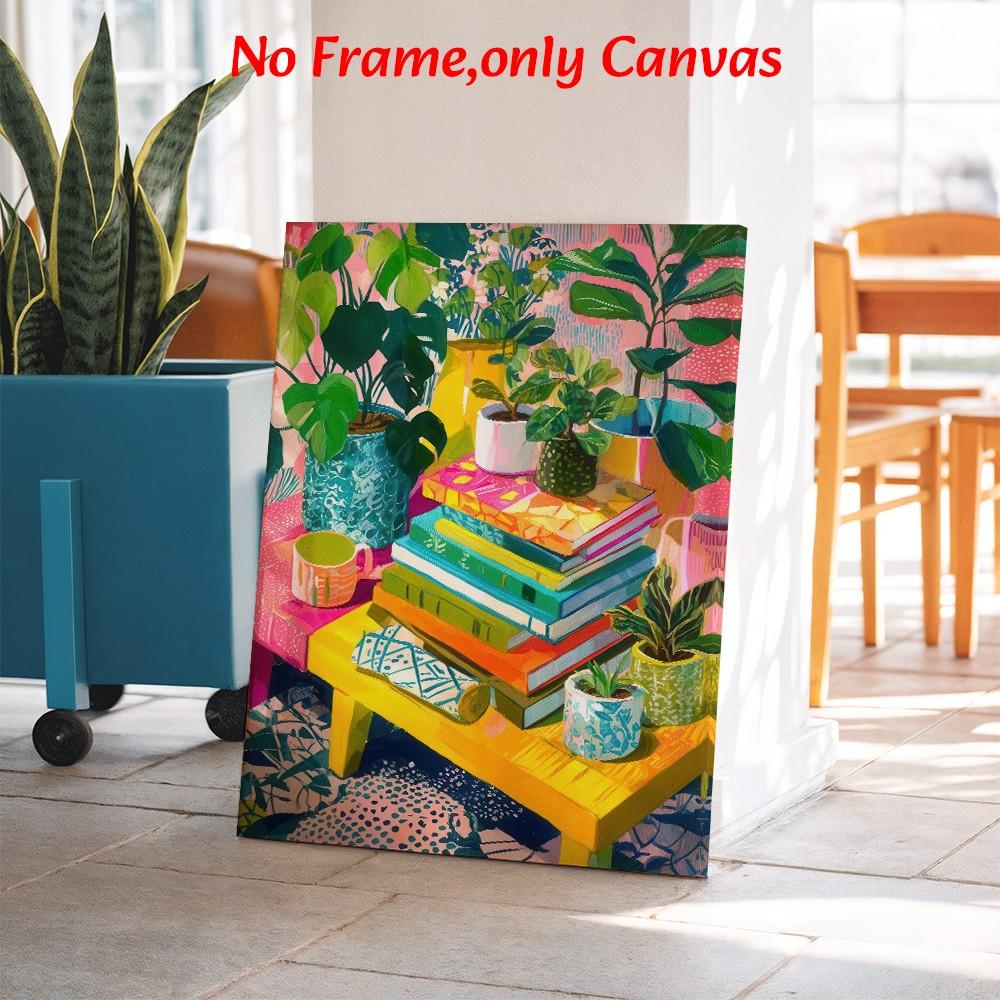 Vibrant Wall Art, Colorful Maximalist Houseplant & Book Stack Still Life Poster, Boho Expressionist Style Printing, Multicolor Bright Tone Canvas Decoration, Living Room & Study Aesthetic, Perfect Housewarming Gift, Framed.