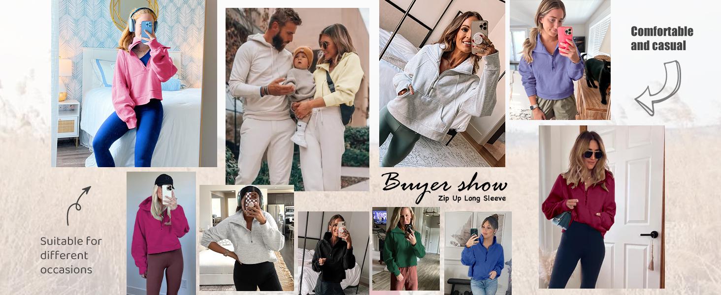 Fisoew Womens Sweatshirts Half Zipper Crop Pullover Funnel Neck Fleece Lined Zip Up Long Sleeve Tops Thumb Hole