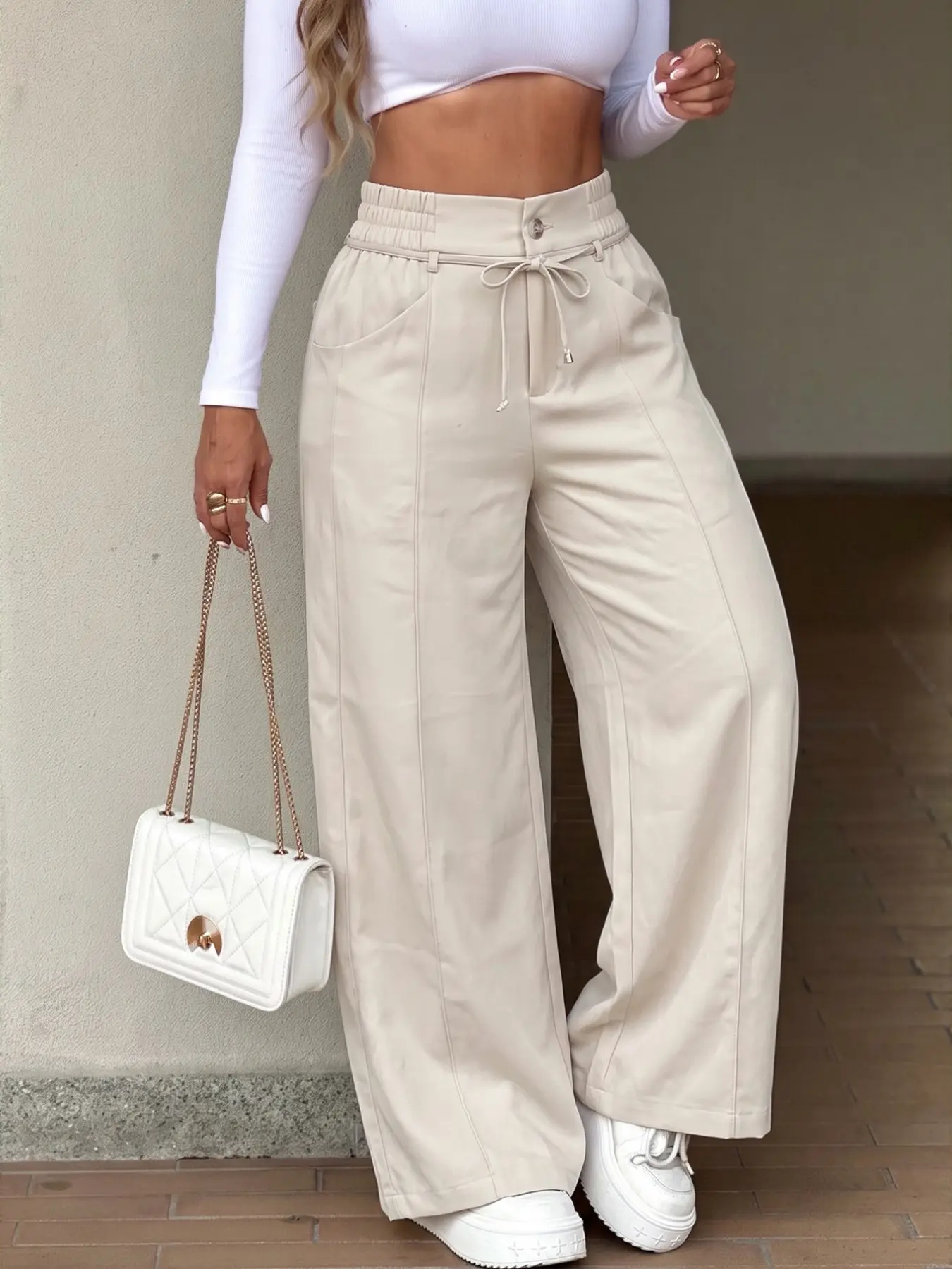 Women's Elastic Waist Wide Leg Pants, Solid Color Straight Leg, Ankle Length, Casual Loose-Fitting, Mid Waist, Long/regular Pants