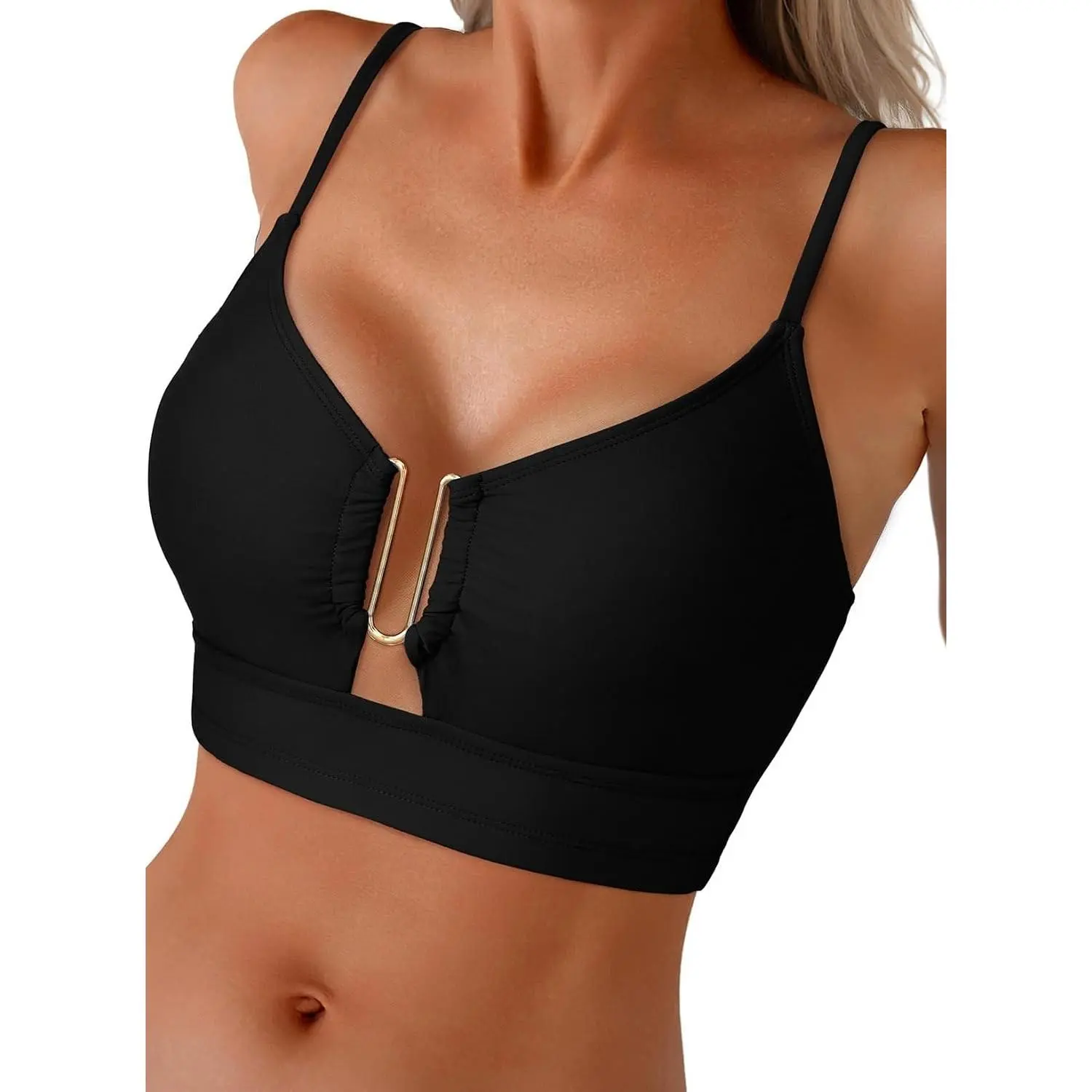 Womens Push Up U-Wire Cutout Bikini Top Beach Bathing Suit Top Only | Removable Pads Cup, Adjustable Spaghetti Straps, V Neck, Wire Free, Supportive, Vacation, Pool Party, Beach Cruise Essentials