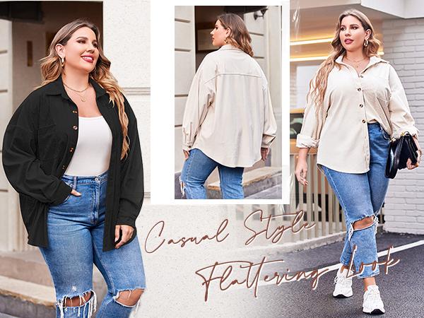 Plus Size Womens  Corduroy Shirt Long Sleeve Button Down Shirts Fall Blouses Tops Casual Jacket Shacket Loose Fit Womenswear#US 2025 Deals for You Days