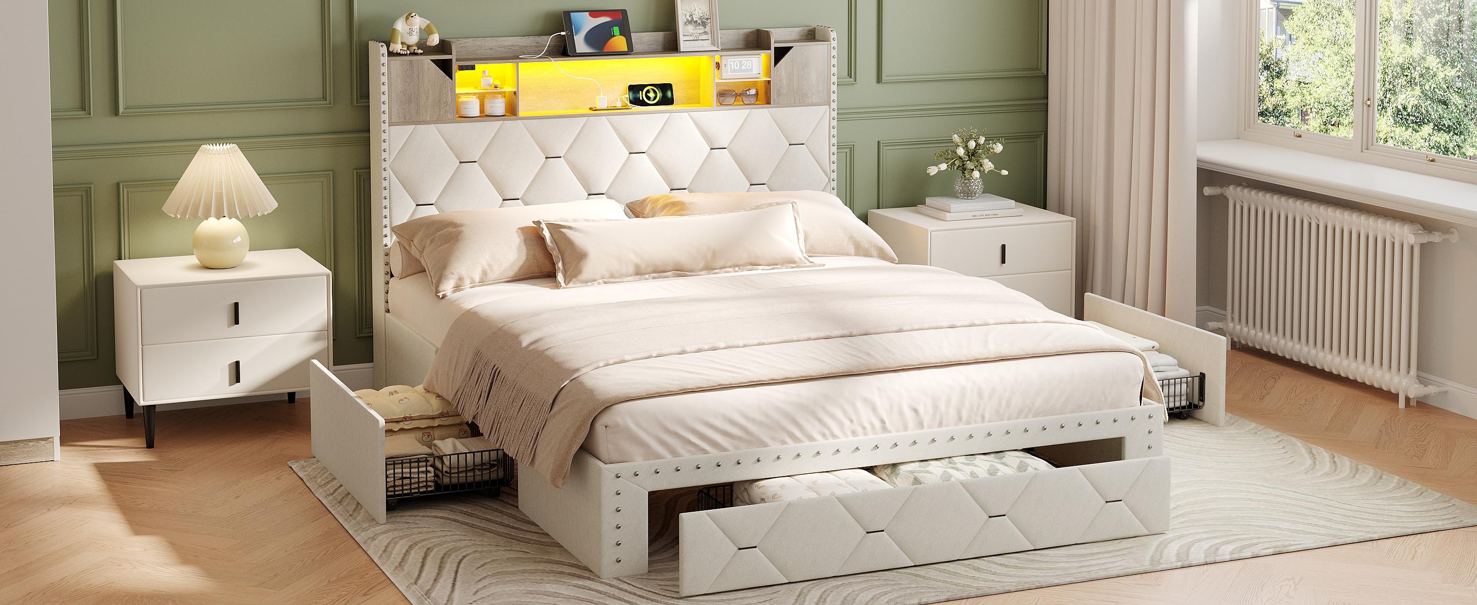 Vabches Queen Bed Frame with Storage Headboard and 3 Drawers, Upholstered Platform Bed Frame with LED Lights and Charging Station, 3-Tier Shelves, Rivet Trim, No Box Spring Needed, Noise Free