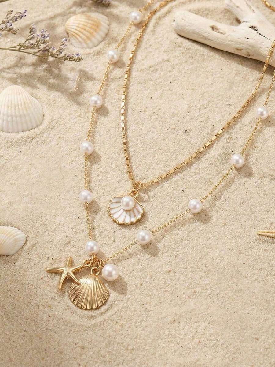 3pcs Summer Bohemian Style Multi-Color Faux Pearl Multi-Layer Necklace Set With Shell Pendant, Suitable For Beach, Travel, Daily Decoration, Outfit Matching, Dating, Party, Holiday Gift For Women
