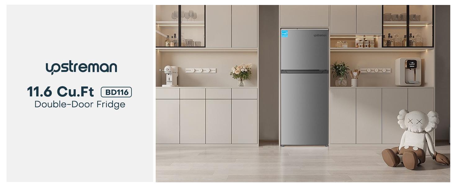 Upstreman 11.6 Cu.Ft. Double Door Refrigerator in Stainless Steel with Large Capacity Top Freezer, Frost Free, Adjustable Thermostat Control, Apartment Refrigerator with Freezer, ENERGY STAR, Stainless-BD116 garage  fridge