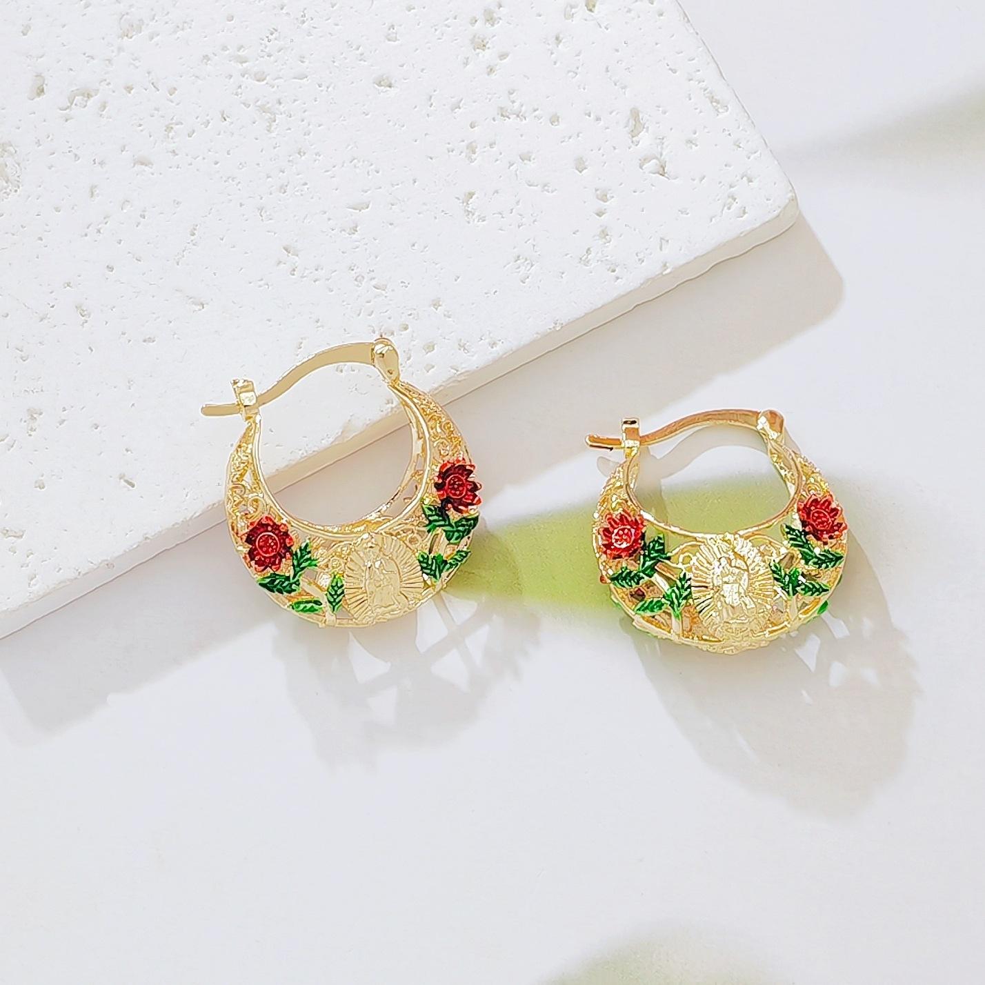 European‑Style Virgin Mary Enamel Hoop Earrings, Gold‑Plated Hollow Ear Rings With Colorful Red‑Green Rose Patterns, Fashion Retro Ear Jewelry For Daily Matching And Party Occasion Styling