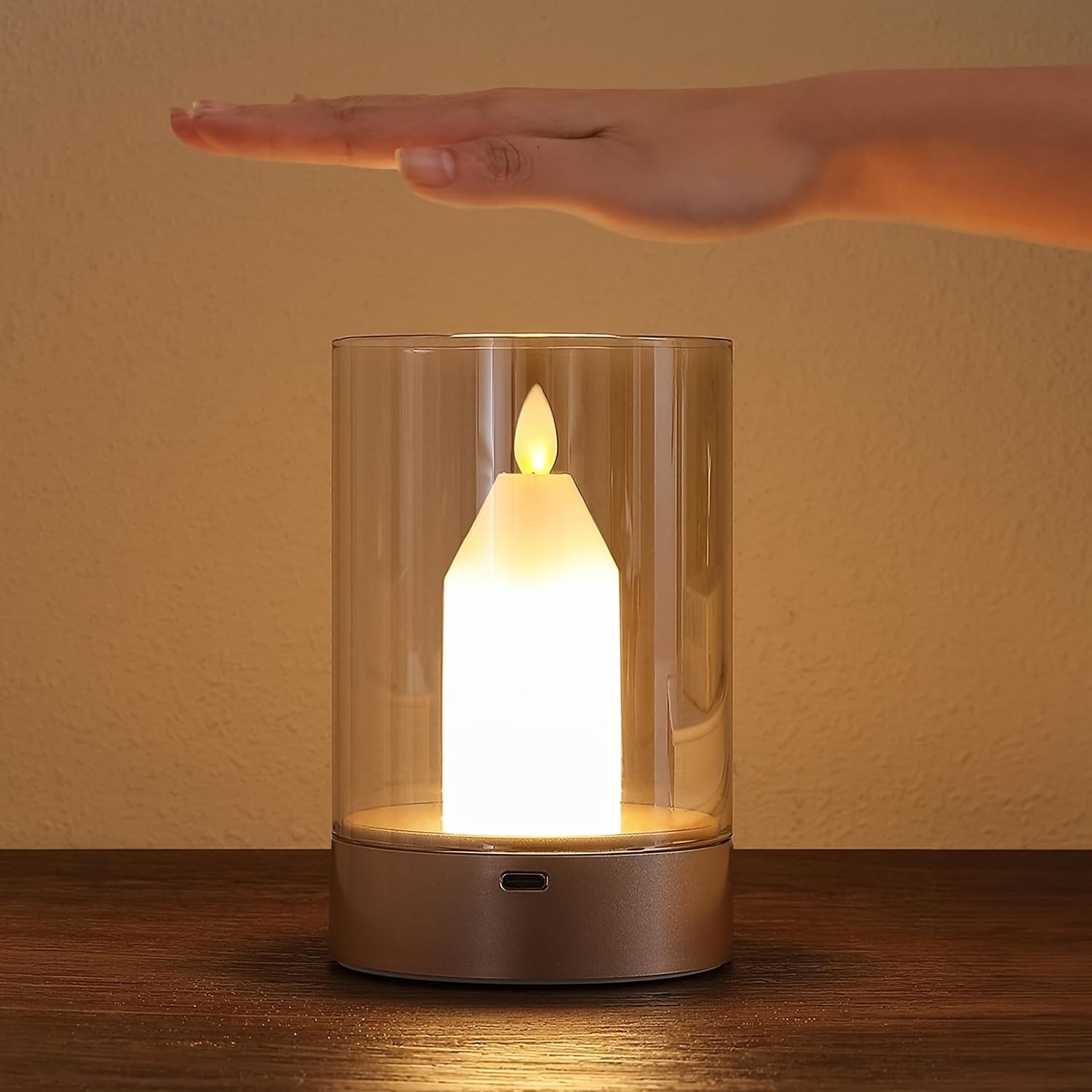 Small Candle Table Lamp Cordless Gesture Sensor Control Night Light Lamp Glass Flameless Candle Dimmable Table Candle Lantern Rechargeable Warm Light Lamp for Bedroom/Restaurant/Cafe