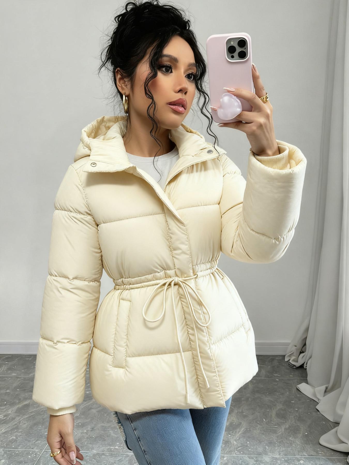 Women's Fashion Thickened Hooded Jacket, Waist-Centered Long Warm Coat for Outdoor Activities & Winter Travel