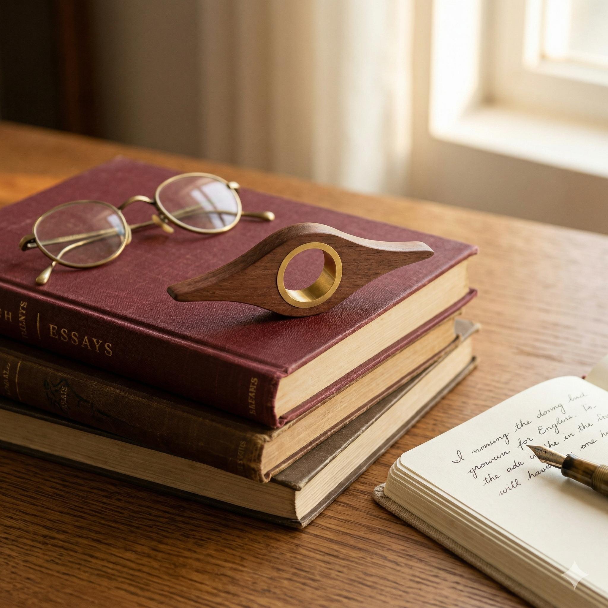 Solid Walnut Wood Book Page Holder with Brass Ring Ergonomic Thumb Reading Ring Aesthetic BookTok Accessories Gifts for Readers Handcrafted Wooden Thumb Page Holder for One-Handed Reading giftforher mini gift gift for him/her