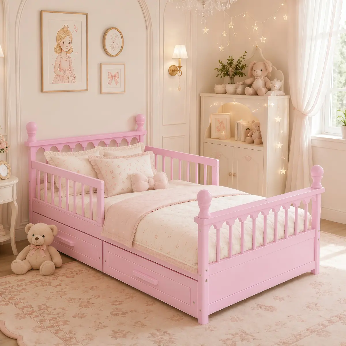 [Bellemave]  Twin Wooden Platform Bed with 2 Under Storage Drawers, Low Profile Bed Frame with Safety Guardrails, Sturdy Slat Support, Easy Assembly