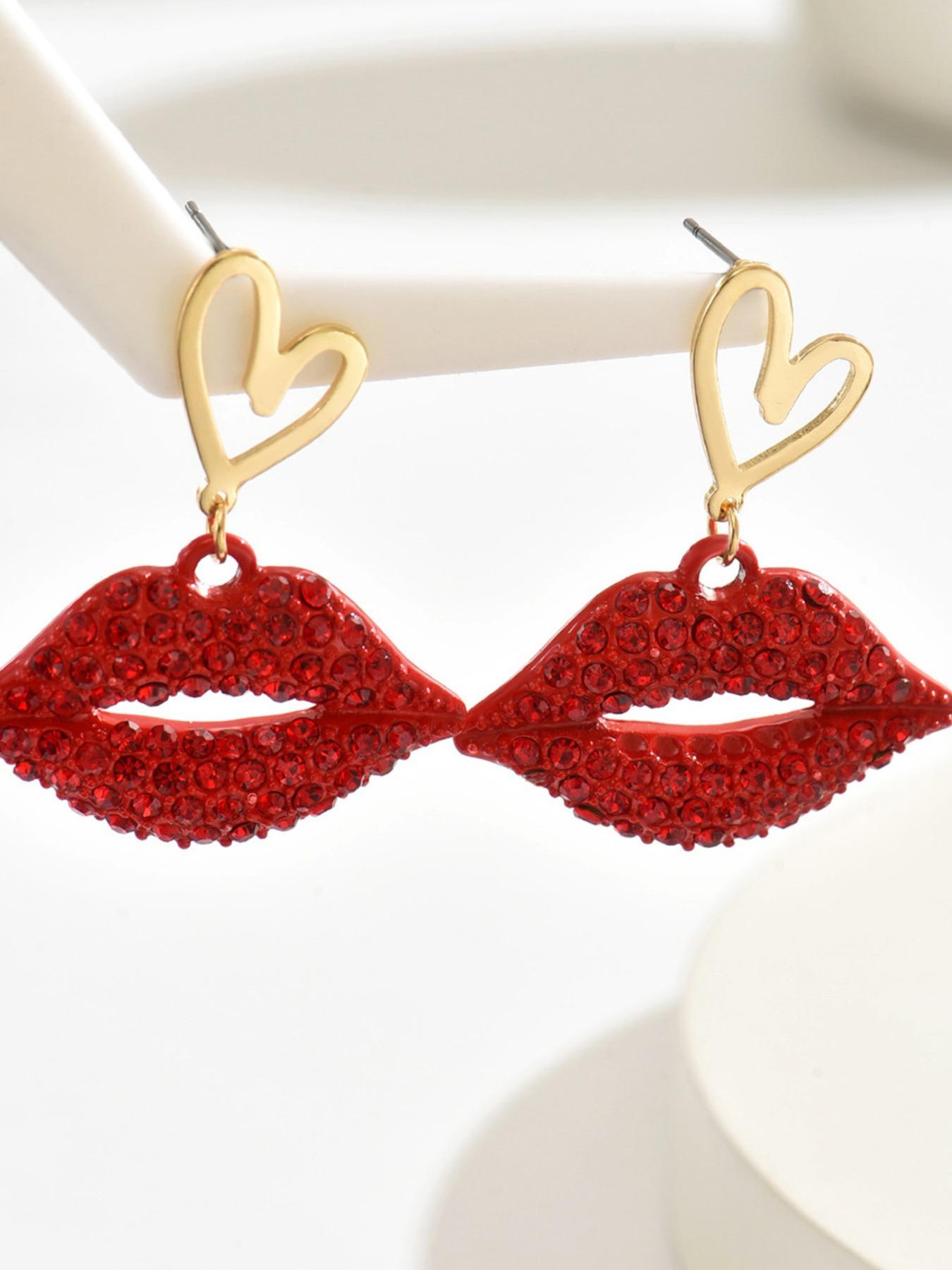 New Women's Jewelry, Unique Rhinestone Heart Design Lip Earrings, Versatile High-End Ear Accessories, Fashionable and Stylish