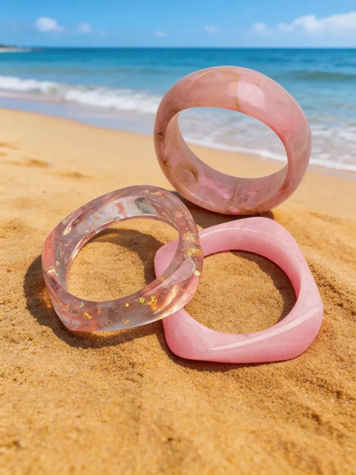 3pcs/Set Pink Acrylic Bracelet Set, Elegant Minimalist Dye Bangle Combination, Can Be Worn Alone Or Stacked, Suitable For Daily Wear And Vacation