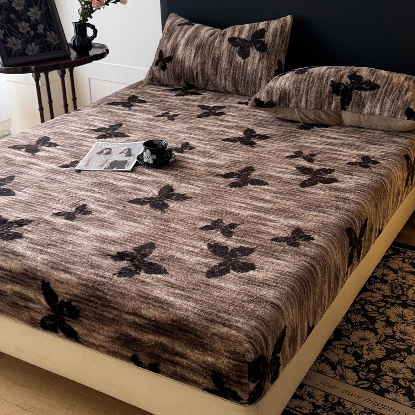 Faux Rabbit Fur Leopard, Tiger & Butterfly Fitted Sheet 3-Piece Set – Luxurious, Soft & Warm Solid Color Bedding, Premium Set (Includes 1 Fitted Sheet + 1/2 Pillowcases), All-Season, Bed Sheets, Perfect for Bedroom, Dorm, Sofa, Cozy Christmas Gift