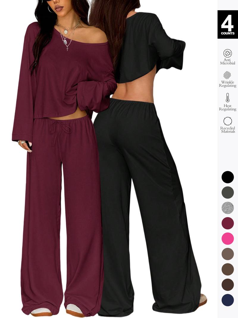 2 Piece Set Women Sleepwear Loungewear, Elegant Simple Solid Color Loose Long Sleeve Thermal Top And Pants pajamas Set, Pjs For Autumn/Winter，All Season Fashion