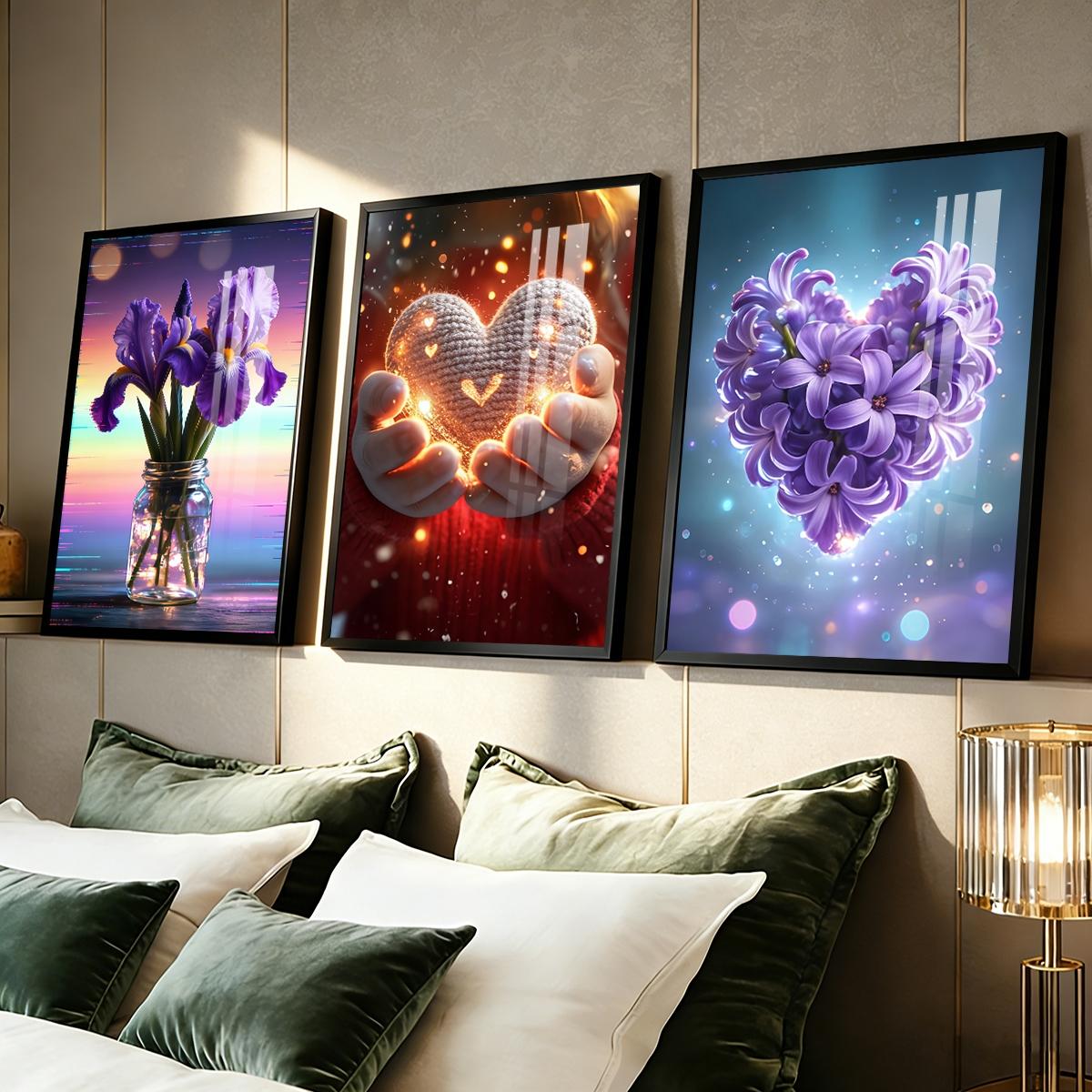 3 Counts Aluminum Alloy Framed Painting, Purple Irises And Glowing Heart Flower Art Pictures, Home Decoration For Living Room, Bedroom, Office, Restaurant, Hallway Wall Decor, Odorless Print Artwork, Luxury Perfect Gift For Friends And Family