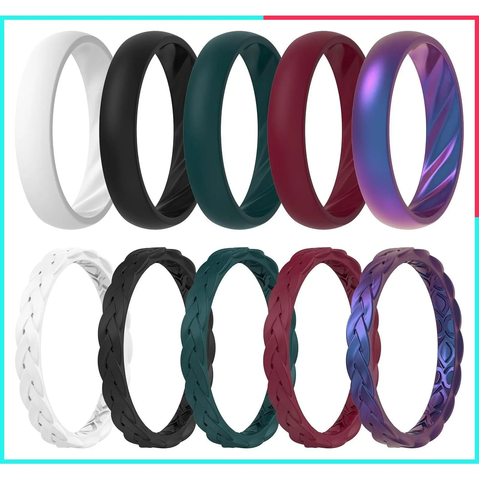 Women's Silicone Wedding Rings Set – Braided & 4mm Classic Bands Combo, 1.8mm Thick Rubber Engagement Rings, Comfortable Flexible Fit for Everyday Wear