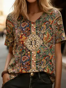 [Plus Size]Women's Paisley Print Loose Fit Long Sleeve Top, Casual Boho Ethnic Style Blouse for All Seasons, Trendy Outerwear for Daily Wear