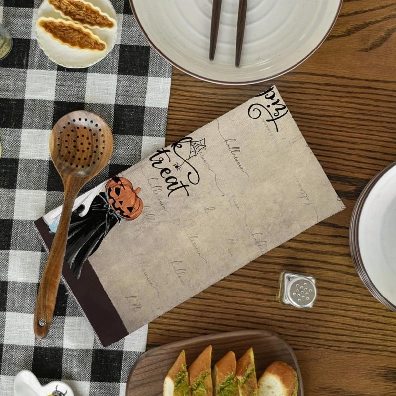 Halloween Kitchen Towels/Dish Towels (Set of 2, 16 x 24 inches) - Featuring vintage pumpkin, ghost, and black cat patterns; suitable for cooking, baking, and cleaning, or as "Trick-or-Treat" themed hand towels or tea towels.