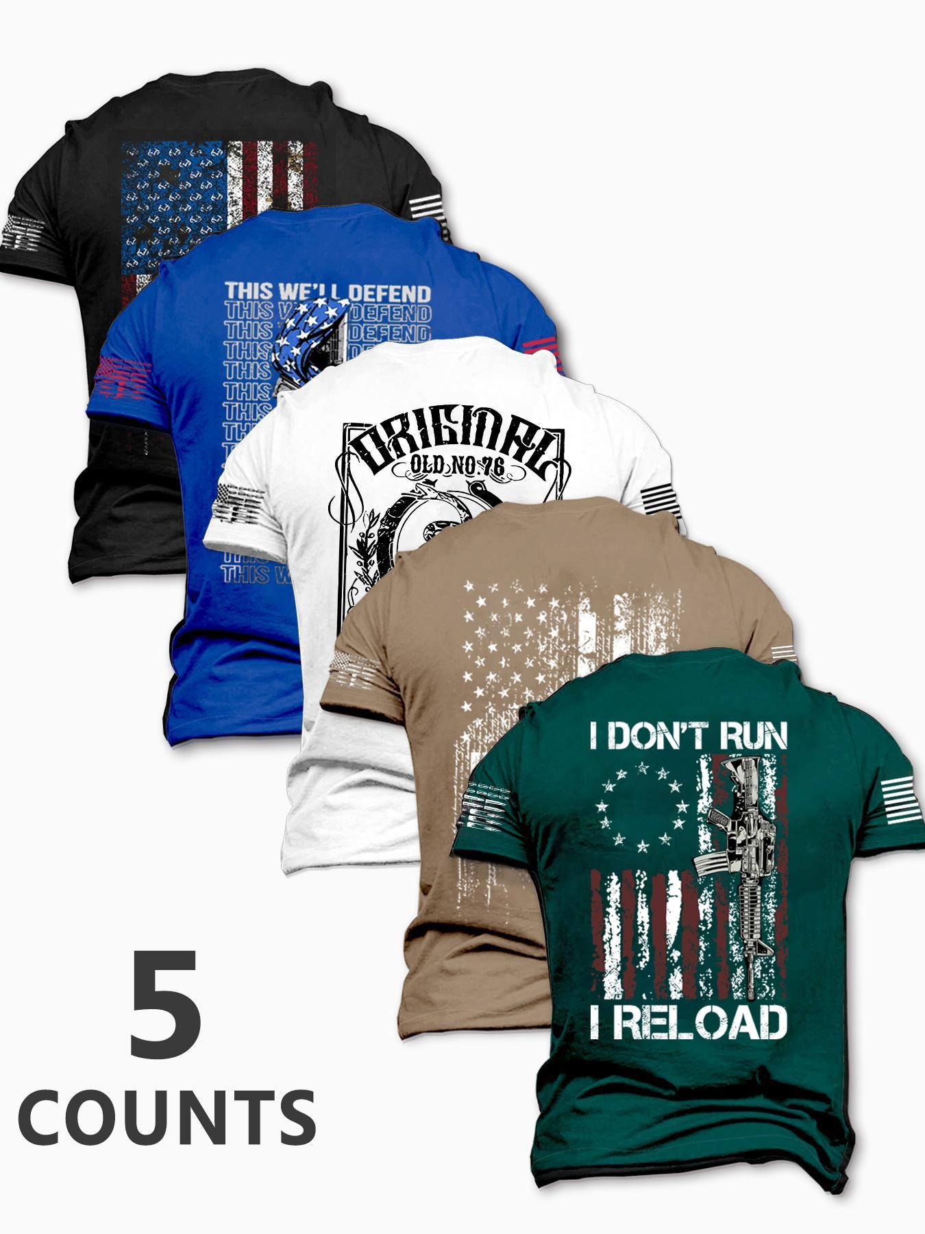 Men's Fashion Round Neck Casual Short Sleeve T-Shirt, Summer Comfortable Flag Print Outdoor Tee, 5 Pack, Perfect for Boyfriend Daily Wear Men's Fashion Round Neck Casual Short Sleeve T-Shirt, Summer Comfortable Flag Print Outdoor Tee, 5 Pack, Perfect for Boyfriend Daily Wear