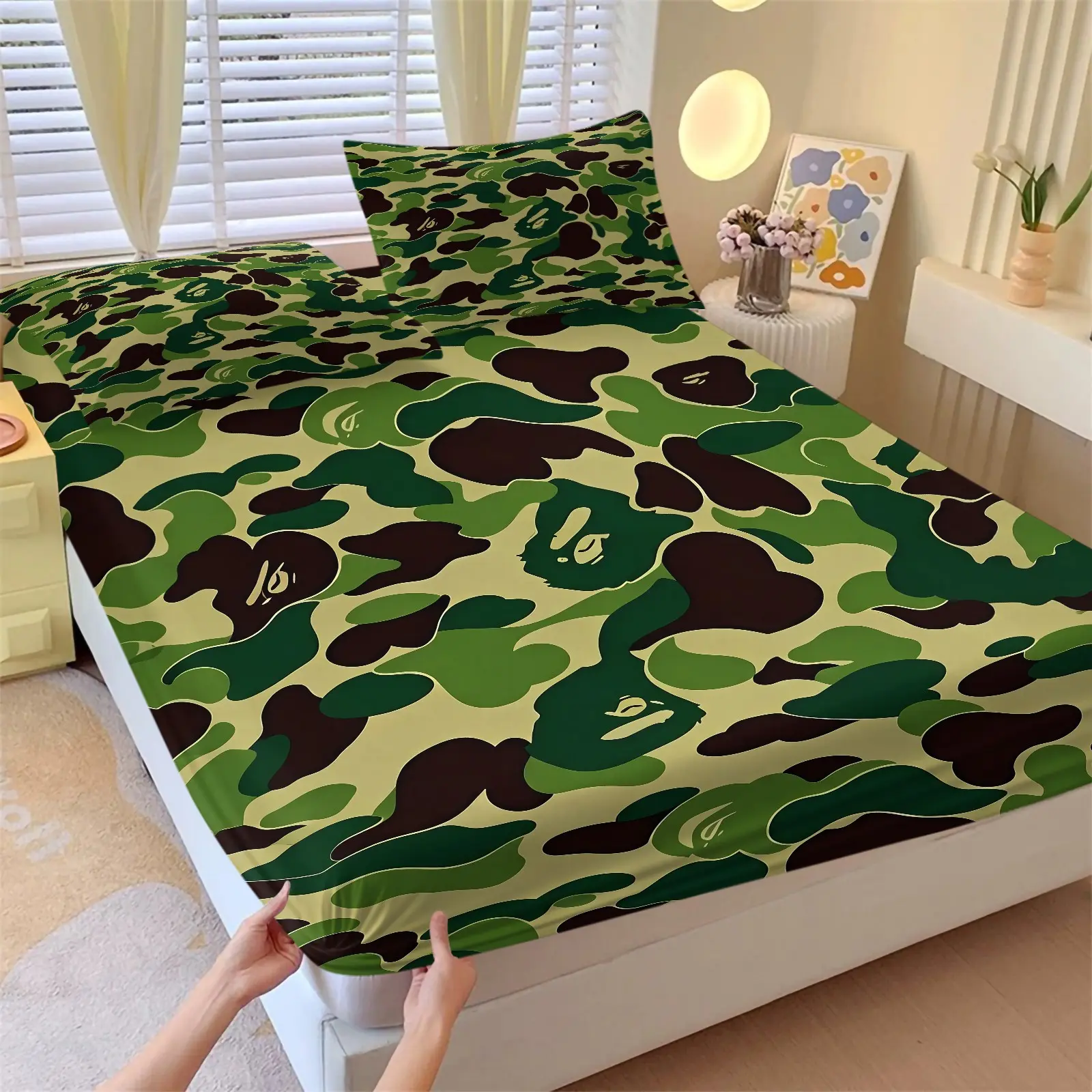Jungle Green Camouflage Ape Head Print Fitted Sheet Set, 1 Bed Sheet + 2 Pillowcases, Camo with Hidden Ape Head Dark Pattern, Soft Deep Pocket Design, Trendy Bedroom Dorm Gaming Room Decor for Teens