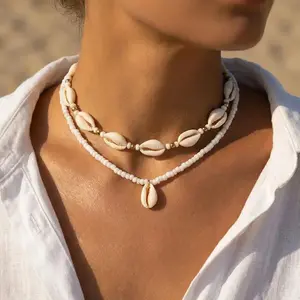Bohemian Double Layer Seashell Necklaces For Women Handmade White Rice Beads Shell Short Collar Choker Beach Party Neck Jewelry