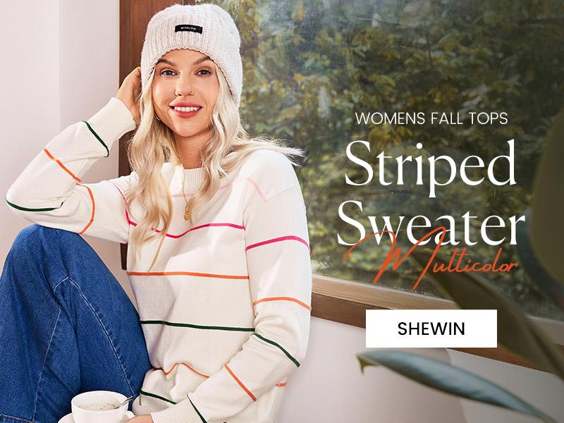 Shewin 2026 Cozy Oversized Striped Knit Sweater Women's Crew Neck Long Sleeve Pullover Comfy Layering for Daily & Office Casual Looks - Womenswear