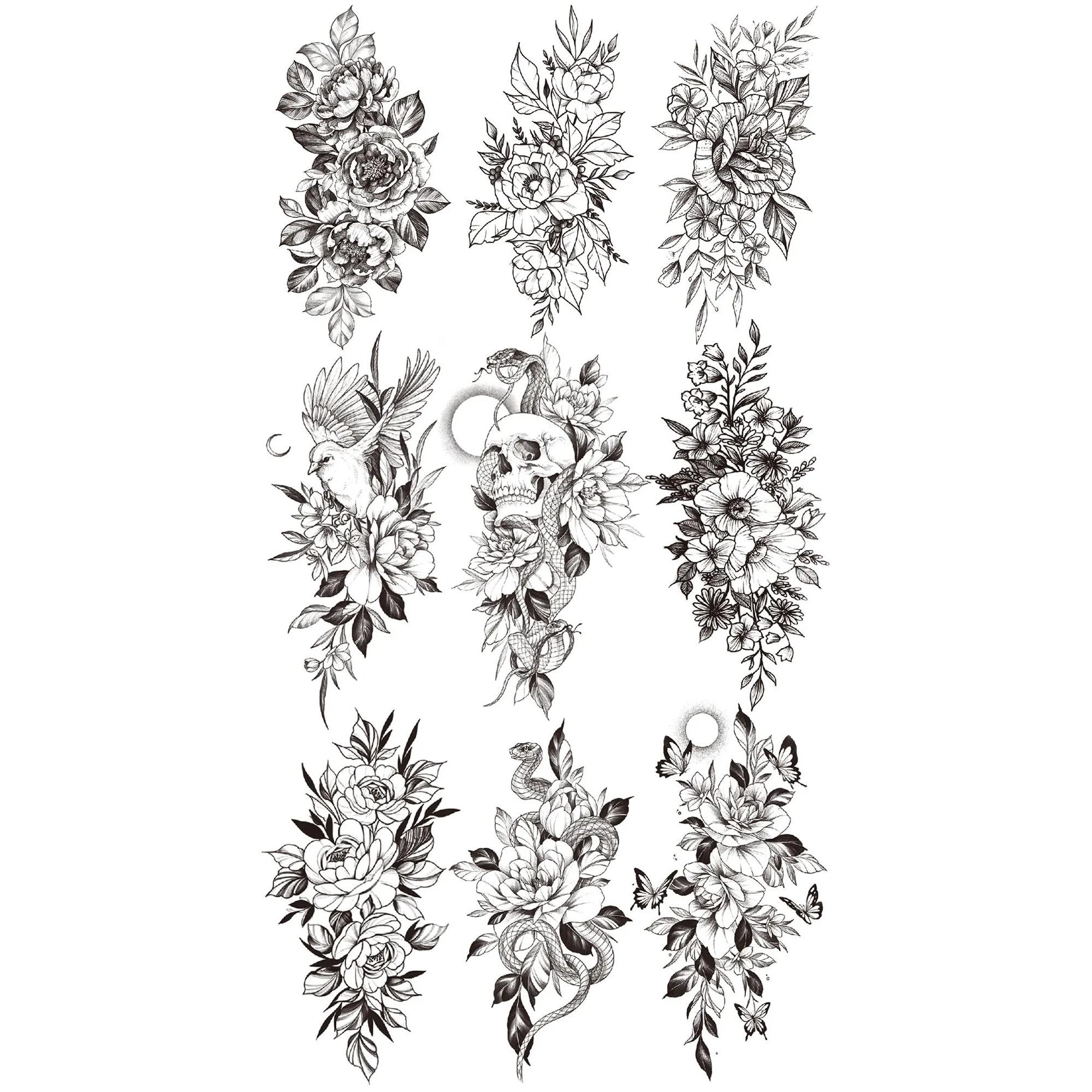 9pcs Death Skull Flower Temporary Tattoo For Women Girls Snake Bird Peony Tattoo Sticker Black Fake Blossom Sexy Tatoo Transfer Adult