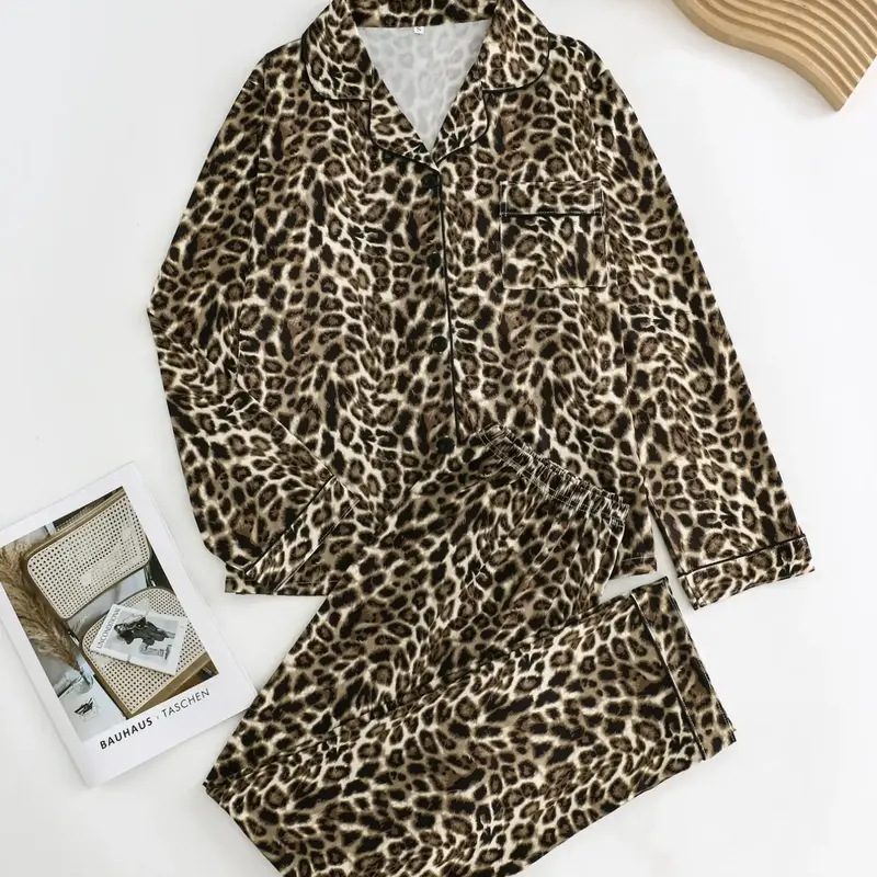 【Black Friday】Women’s Leopard-Print Two-Piece Pajama Set, Button-Front Lapel-Collar Shirt with Chest Pocket and Elastic-Waist Pants, Sleepwear for Spring and Fall