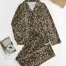 【Black Friday】Women’s Leopard-Print Two-Piece Pajama Set, Button-Front Lapel-Collar Shirt with Chest Pocket and Elastic-Waist Pants, Sleepwear for Spring and Fall