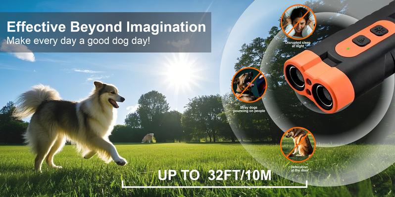 Dog Barking Deterrent Rechargeable, Anti-Barking Tool for Dogs, Ultrasonic Dual Emitter 50ft Security Correction Tool Control Dog Barking 25KHz, Trainer Barking Silencer Indoor and Outdoor with Flashlight