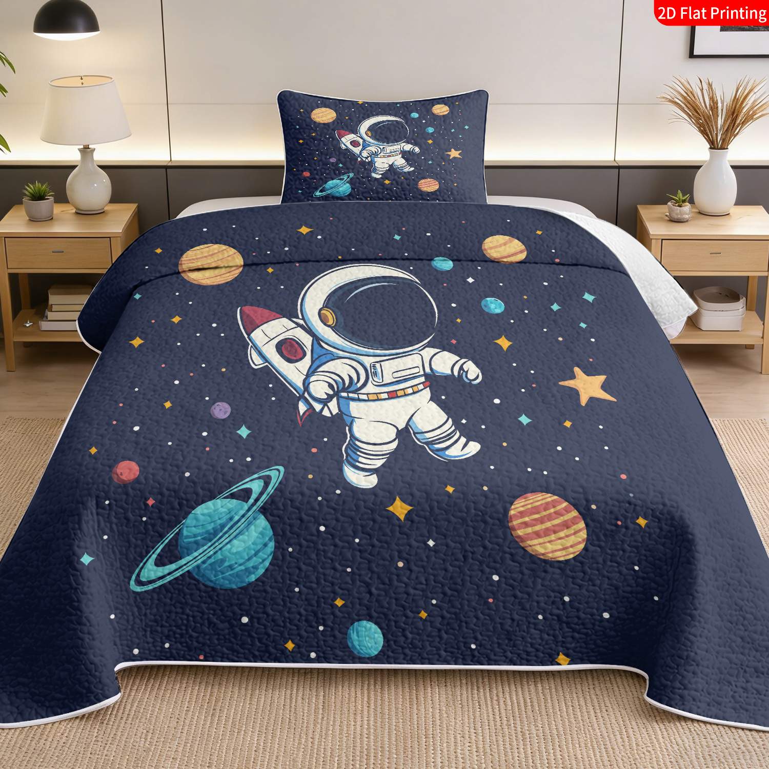 3 pcs, 2D flat print Astronaut Spaceship Starry Sky bed cover set, multiple sizes available, bedding set, festive decorative bedding, ideal for bedroom decor(1 bedspread , 2 pillowcases)