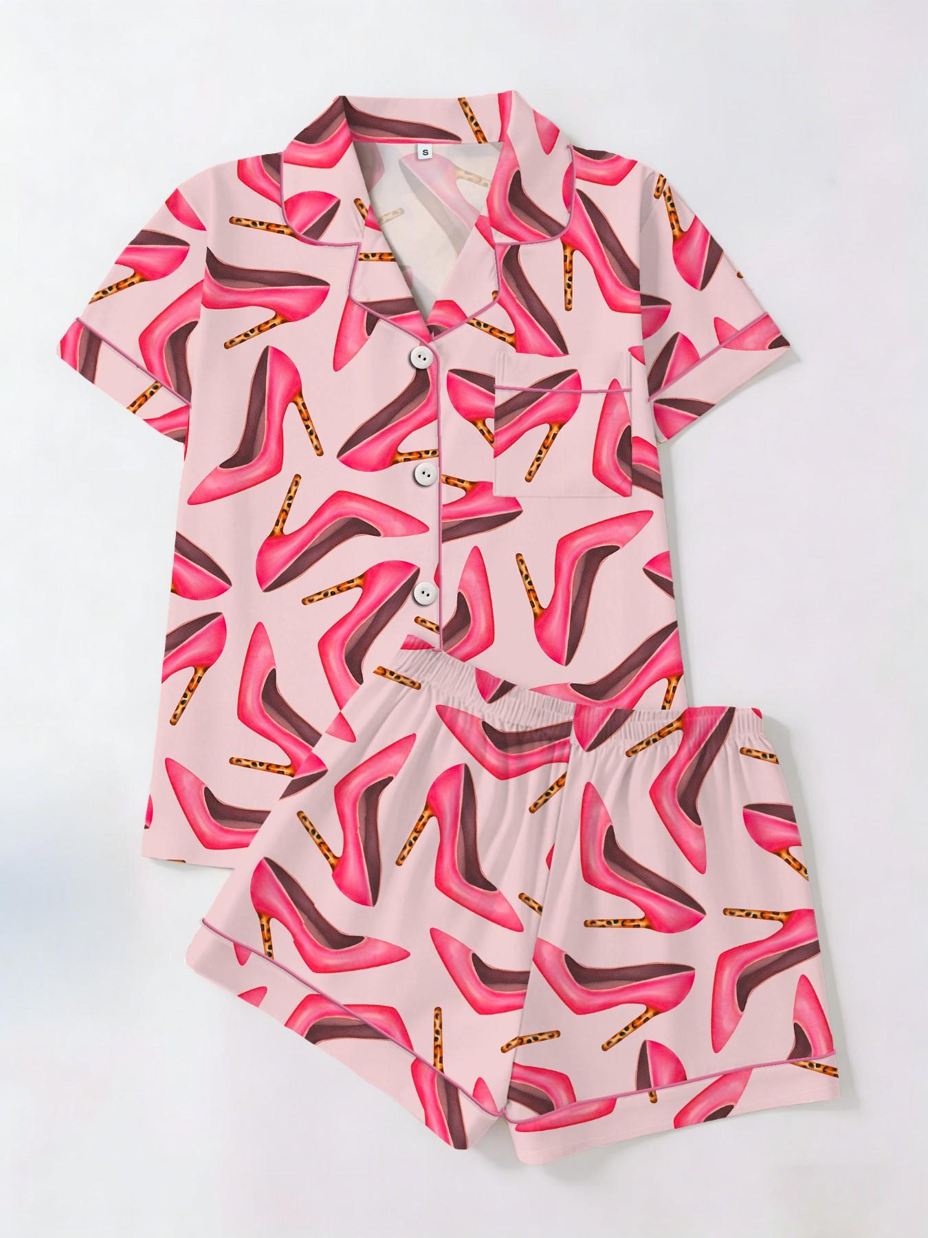 Women's Short Sleeve Button Down Top and Shorts Pajama Set, Spring Summer Wear, For Elegant Mature Ladies, Pink Muted High Heel Print, Classic Lapel Collar, Loose Draping Fit, Comfortable For Home & Office