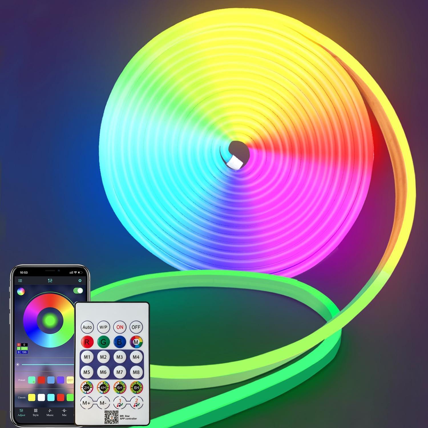 5M/16.4FT LED Neon Rope Lights, RGB Strip Ambient Lighting, Decorative Neon Light, IP67 Waterproof Flexible Rope Light with APP and Remote Control, Dimmable Neon Strip for Gaming Room Living Room Bedroom Indoor Outdoor Decor