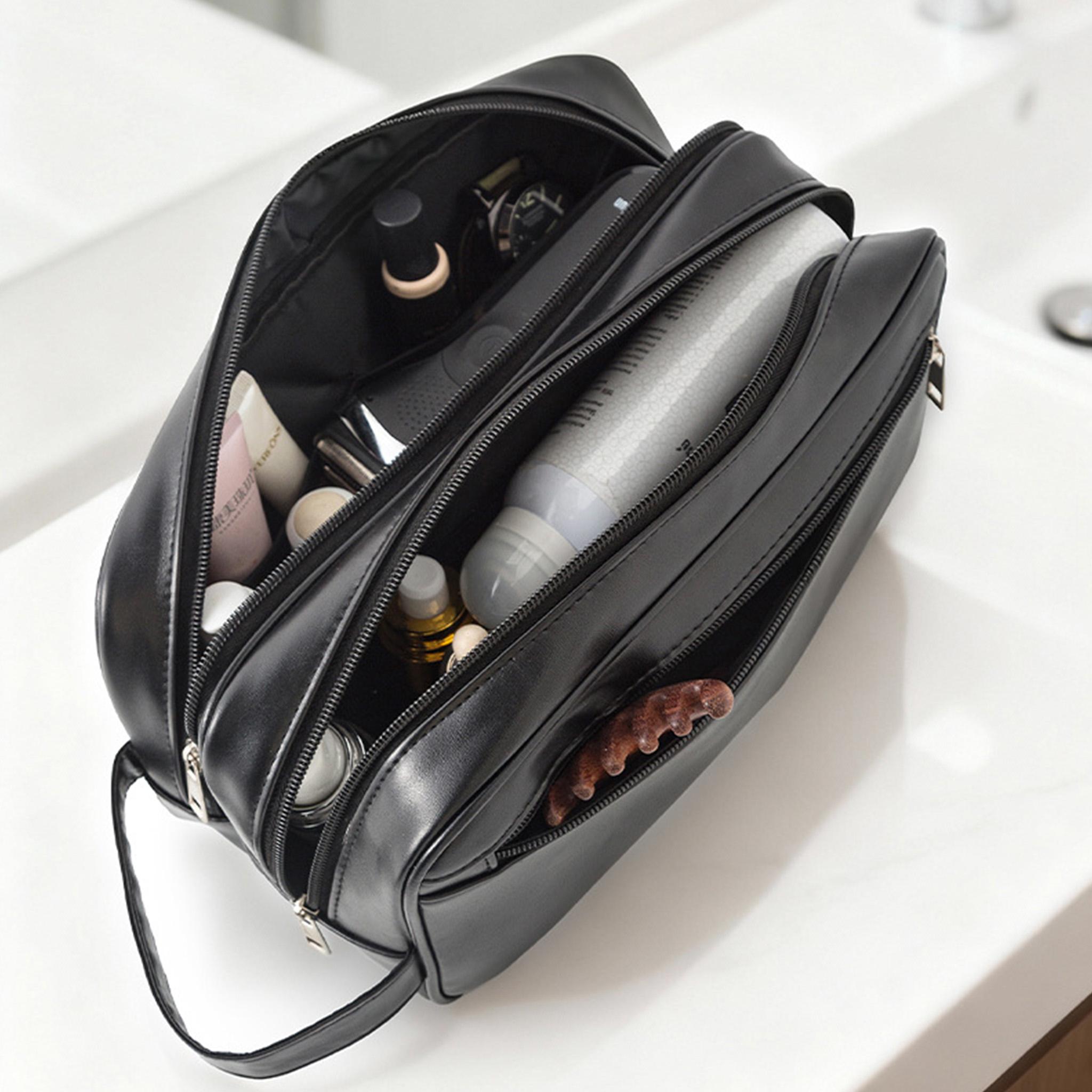 Portable Travel Wash Bag, Dual Compartment Design, Men's Cosmetics & Shaving Organizer, Fashion Solid PVC Wrist Wallet, Ideal Gift