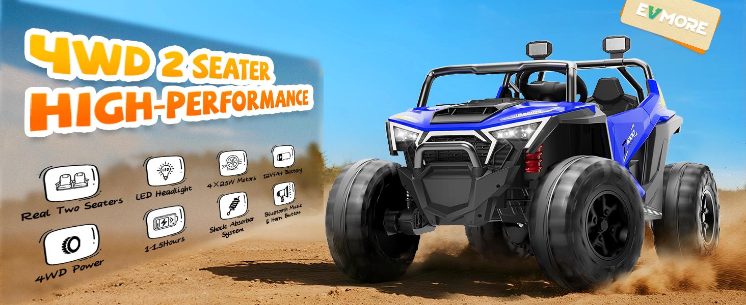 EM-KC06）2 Seater Ride on Car for Kids, Kids' Electric Vehicles 4WD Off-Road, 12V7Ah Large Battery Ride on Truck with Remote Control, Bluetooth Music, Horn, Lights, Up to 3.1Mph for Ages 3-8