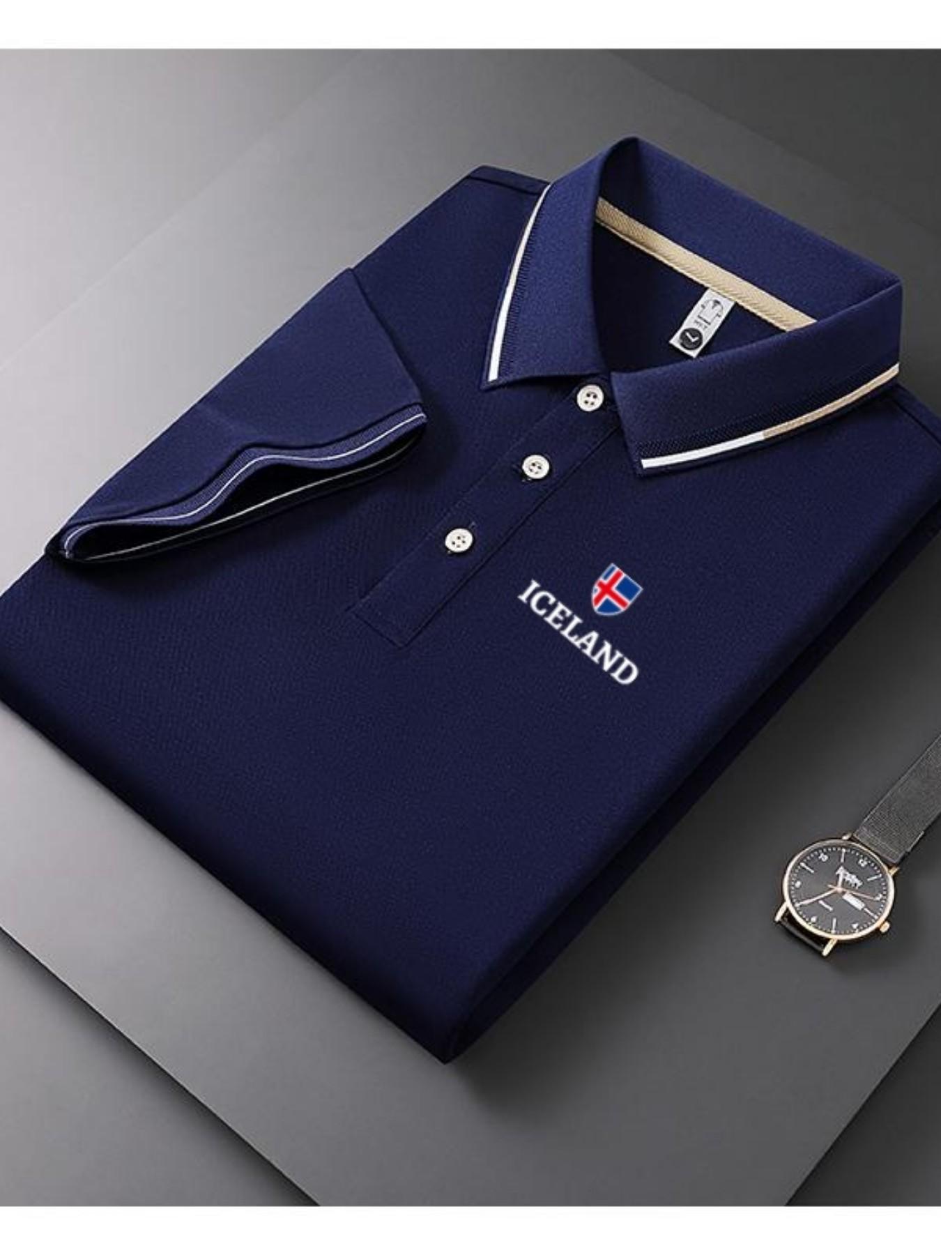 Men's Casual Summer Print T-Shirt with Iceland Flag, Fashion Short Sleeve Top, Geometric Design, Lightweight Breathable Polo Shirt