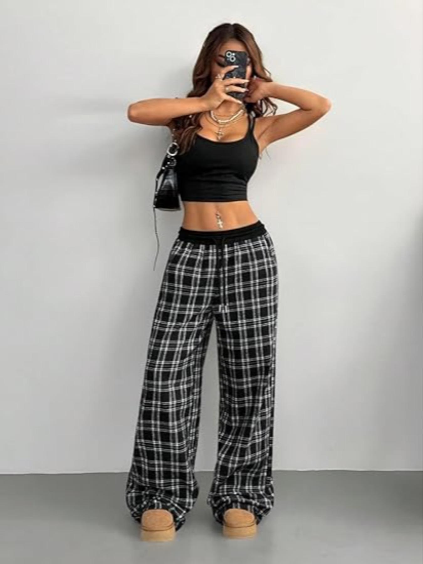 Women's Gingham Pants Plaid Casual Y2K Soft Flannel Trouser Pajama