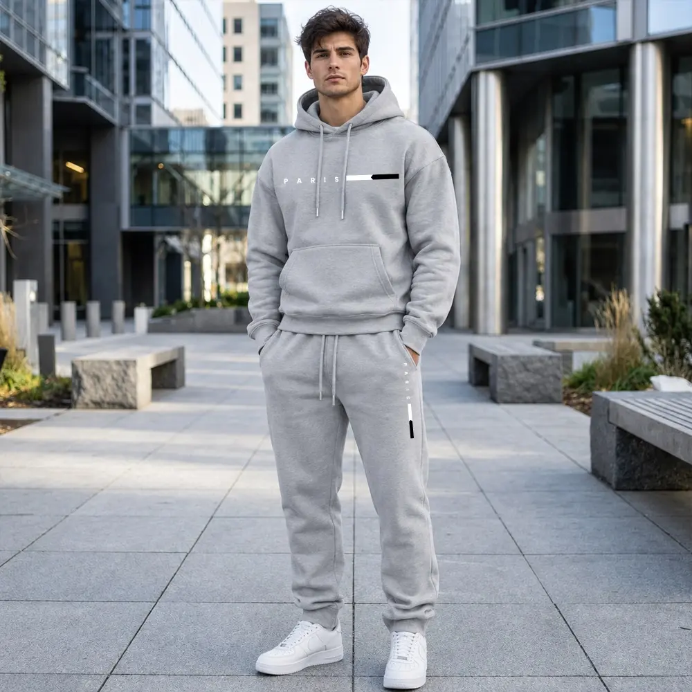 Men's Paris Letter Printed Hoodie and Drawstring Sweatpants Set, Menswear, Casual Athletic Long Sleeve Hooded Jacket & Trousers for Fall & Winter, Men's Clothing for Daily Wear, Sportswear Indoor Outdoor, Tracksuit, Athleisure Summer Clothes,sohochic