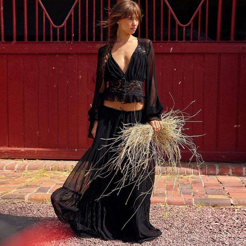 Women Spring Autumn Long Sleeve V Neck Tops Long Skirt Beach Vacation Chiffon Two Piece Set Outfit