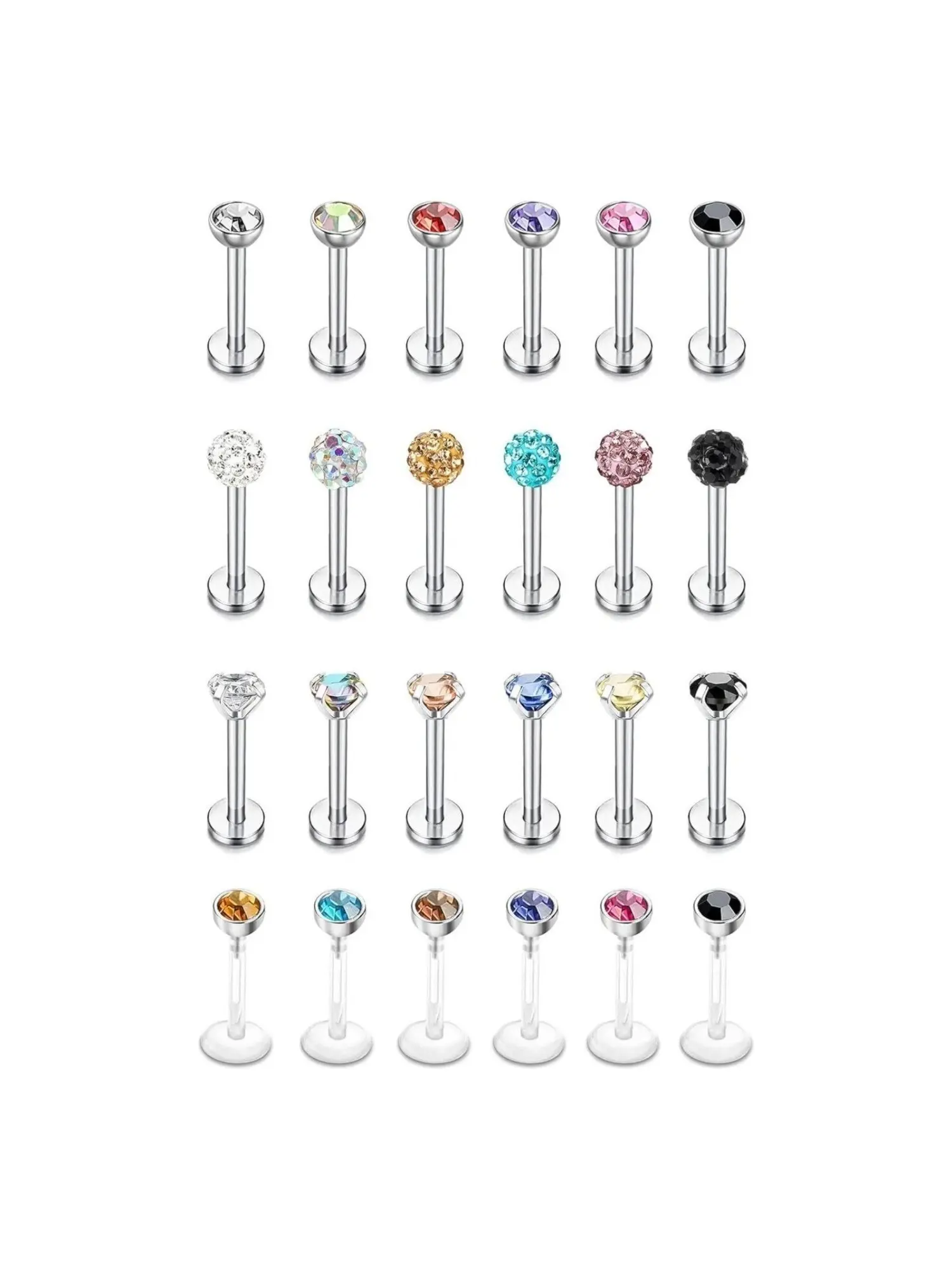 24 Pcs 16G Hypoallergenic Stainless Steel Labret Lip Monroe Medusa Stud Piercing Body Piercing Jewelry For Women Men 3mm Cubic Zirconia Forward Helix Earrings Cartilage Tragus Piercing 8mm