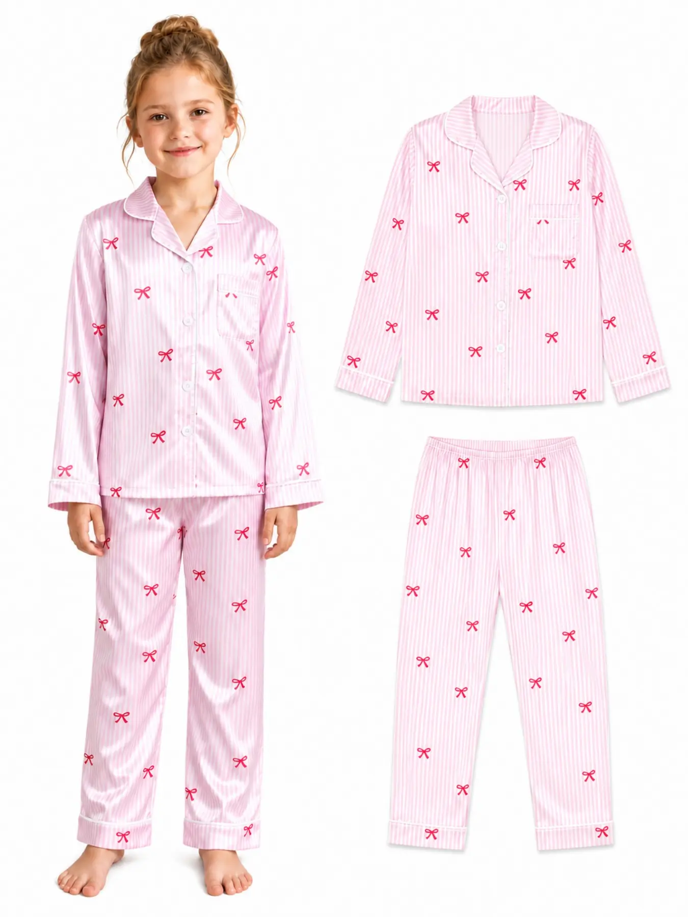 Girls' Pajama Set, Stripes, Bow Design, Long Sleeve, Loose-Fit, Fall Winter Wear, Gift Idea, 2-Piece Set