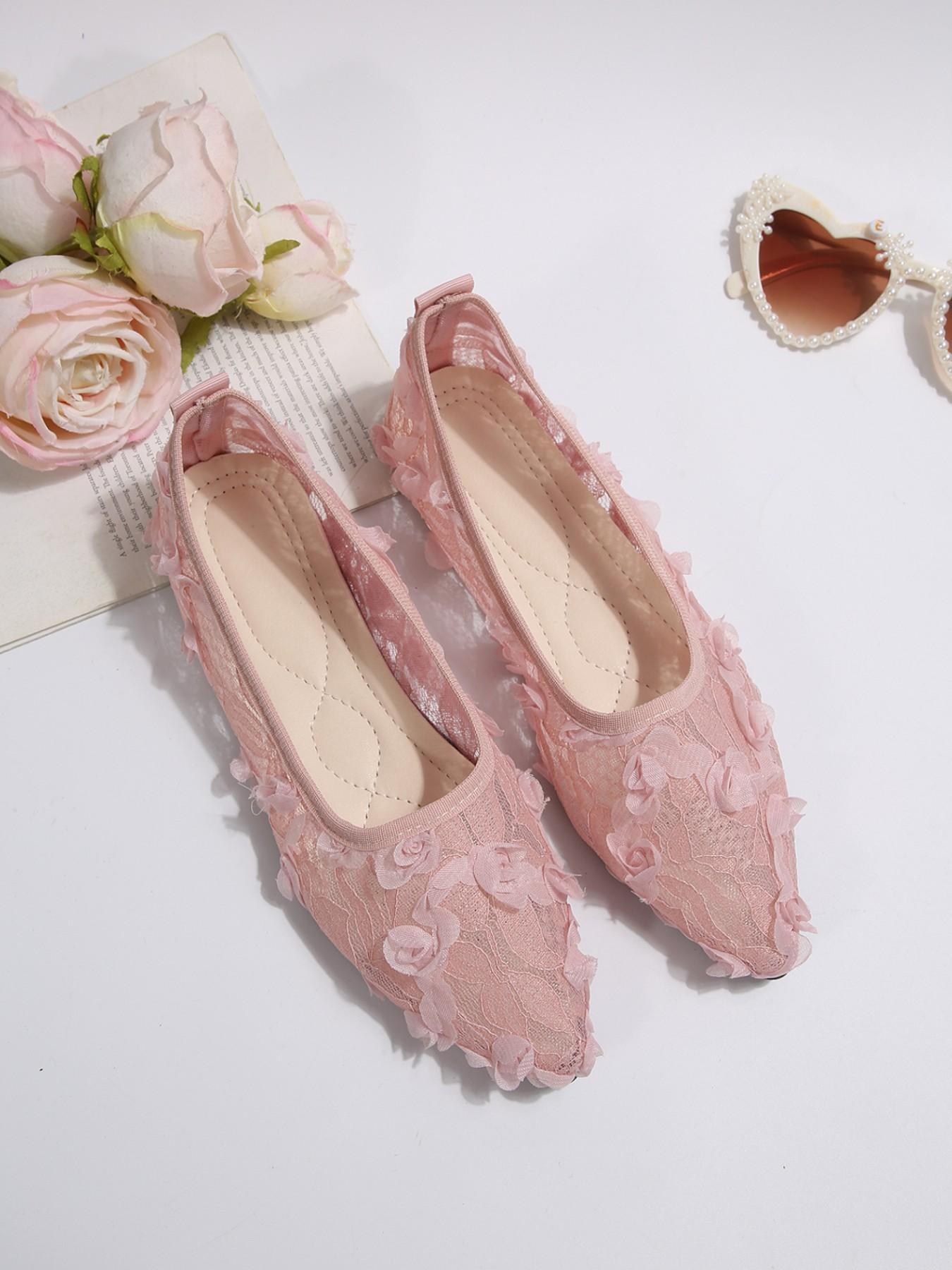 Women's Breathable Sheer Lace 3D Floral Rose Applique Pointed Toe Slip On Flat Ballet Flats Non Slip Cloud Cushioned Arch Support All Day Walking Wedding Bridal Date Vacation Casual Footwear Off White Pure White Pink Black Four Romantic Soft Tones