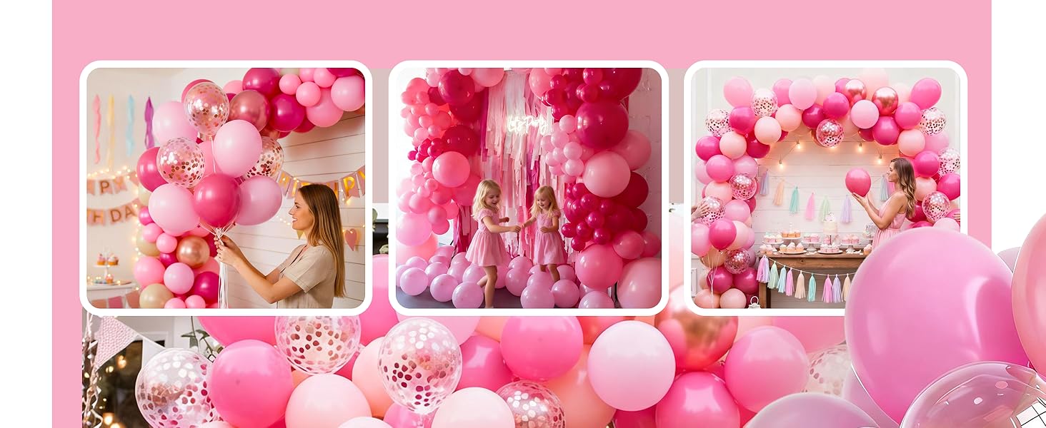 66-Pc 12-Inch Thick Light Pearl Metallic Pink Latex Balloon Set - Mauve, Magenta, Fuchsia, Hot Pink, Confetti, Floatable for Wedding, Princess Theme Balloon Decor, Birthday, Anniversary, Graduation