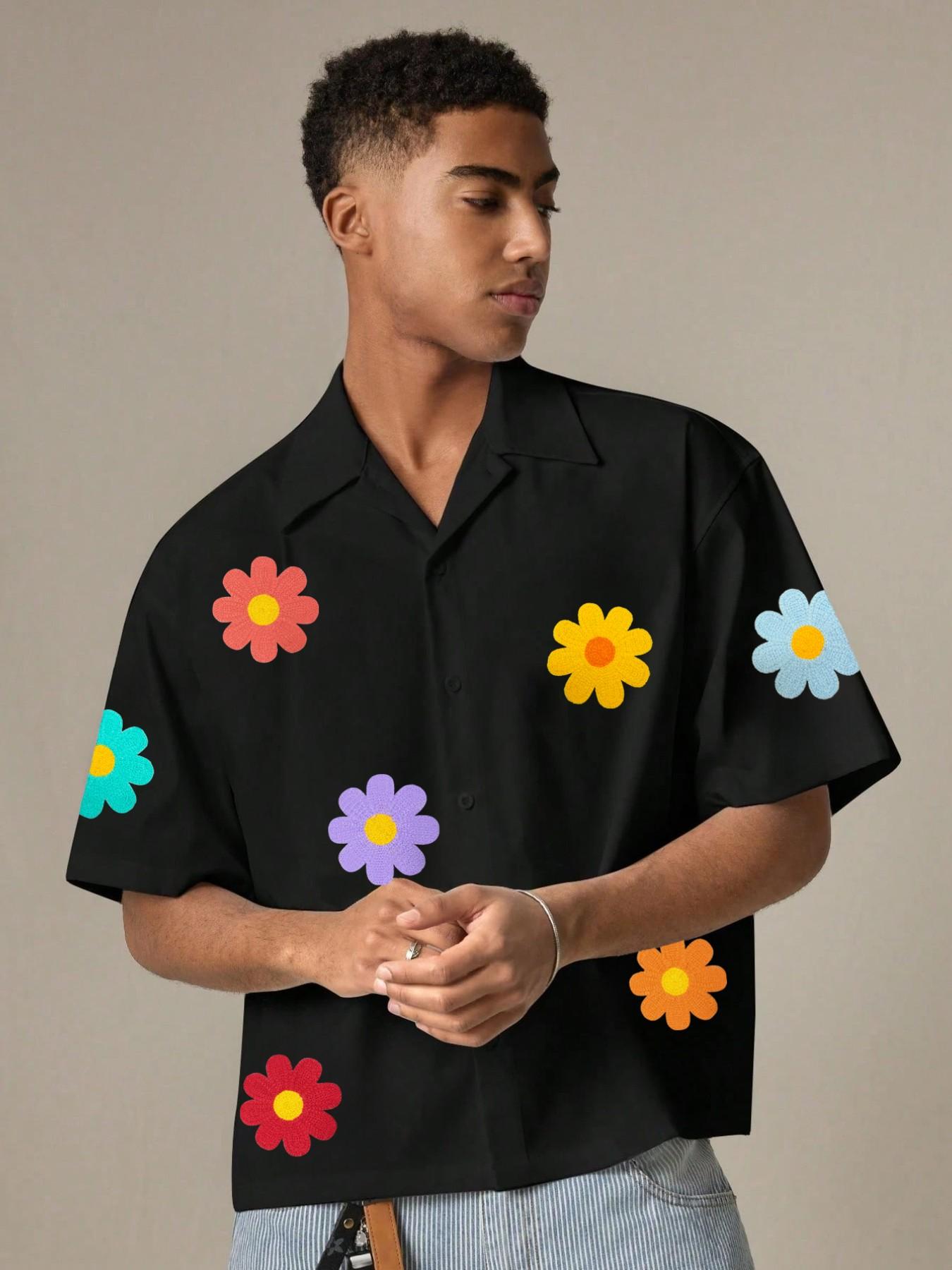 Unisex Colorful Daisy Embroidered Short Sleeve Shirt, American Style Loose Fit Collared Open Front Top, Couples Summer Casual Wear