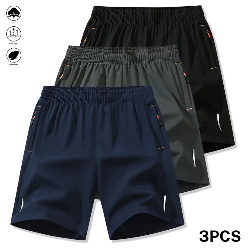 Men'S 3 Piece Set of Casual Sports Shorts, Solid Color Breathable Quick Dry Style with Zipper Pockets and Drawstring Waist, Ideal for Outdoor Activities and Fitness Training, Reflective Strip Design