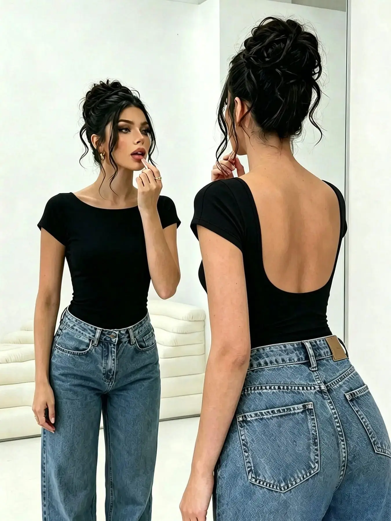 Women's Black Backless Short Sleeve Slim-Fit Top, Casual Y2K Street Style Aesthetic, Summer, Daily Wear, 1 Piece Set